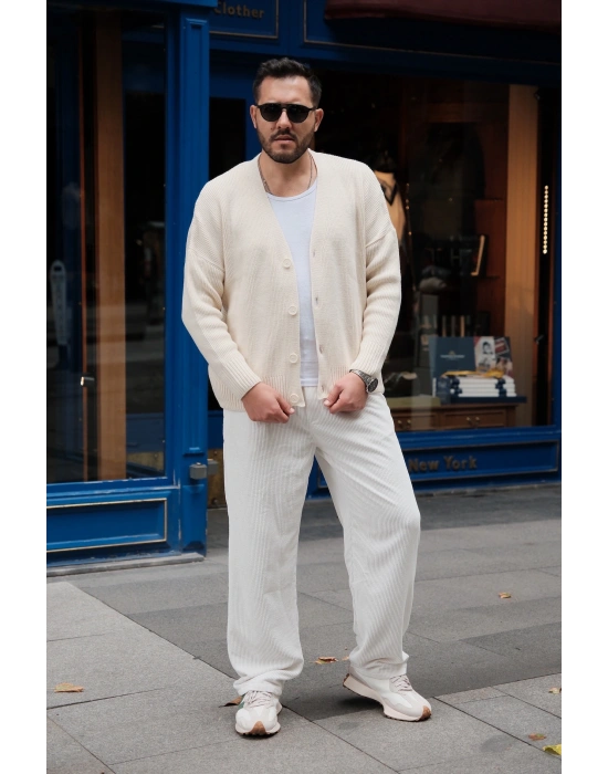 Bej Düğmeli Oversize Örme Hırka