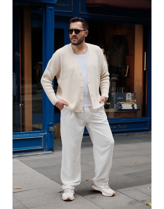 Bej Düğmeli Oversize Örme Hırka