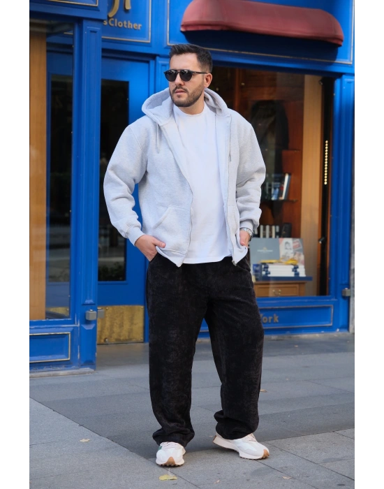 Gri Fermuarlı Kapüşonlu Sweatshirt