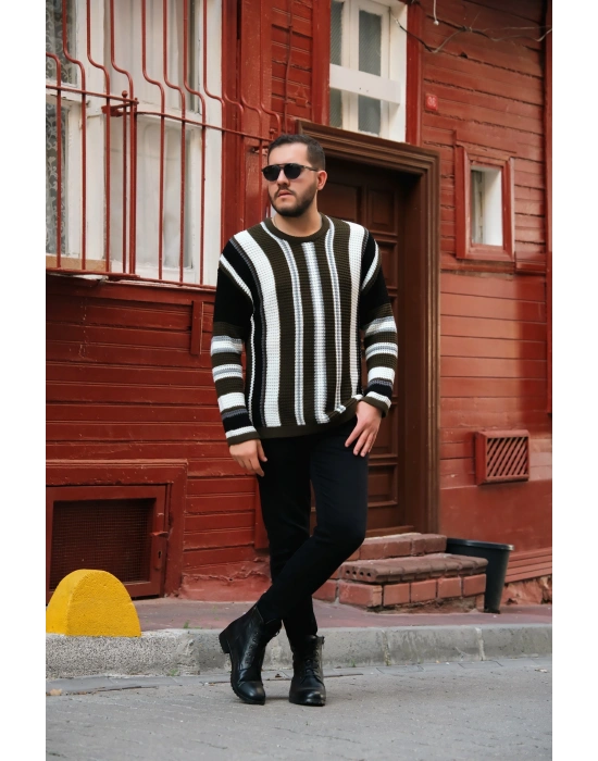 Haki Şerit Detaylı Örme Kazak