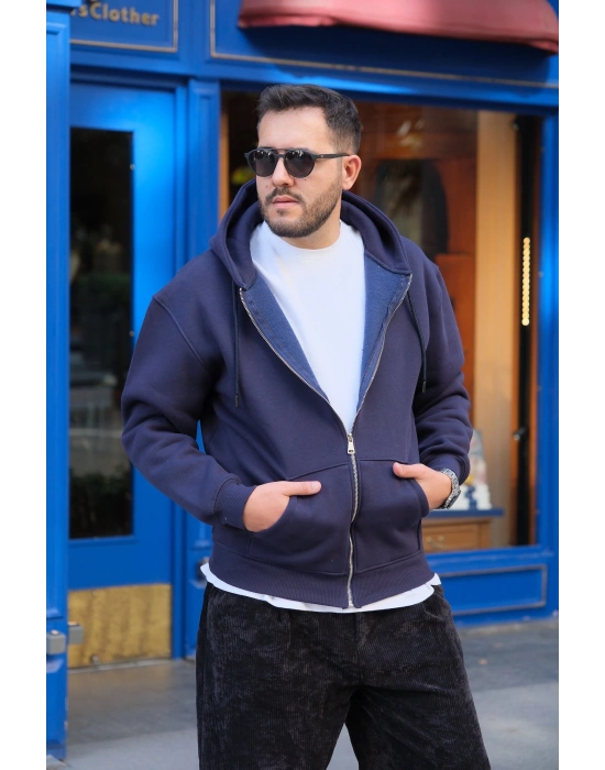 Lacivert Fermuarlı Kapüşonlu Sweatshirt