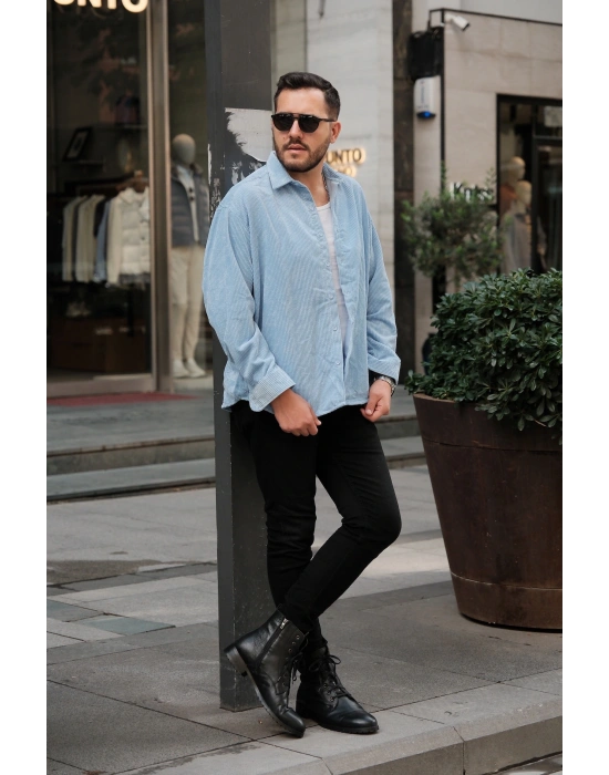 Mavi Oversize Kadife Gömlek