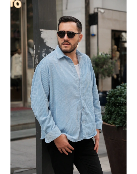 Mavi Oversize Kadife Gömlek