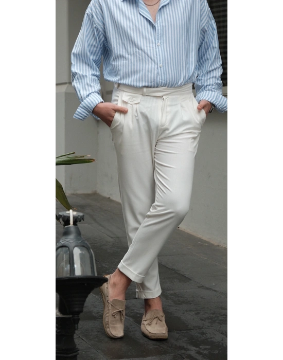 Pileli Beyaz Kumaş Pantolon