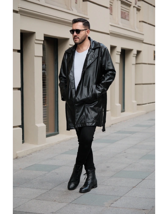 Siyah Deri Trençkot