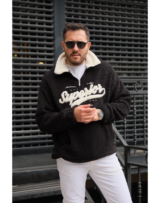 Siyah Fermuarlı Peluş Sweatshirt