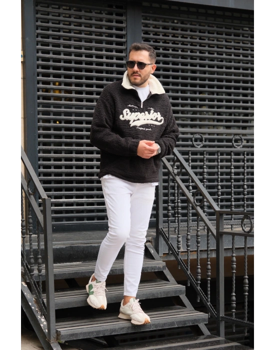 Siyah Fermuarlı Peluş Sweatshirt