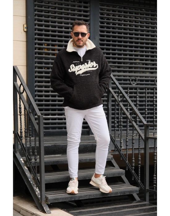 Siyah Fermuarlı Peluş Sweatshirt