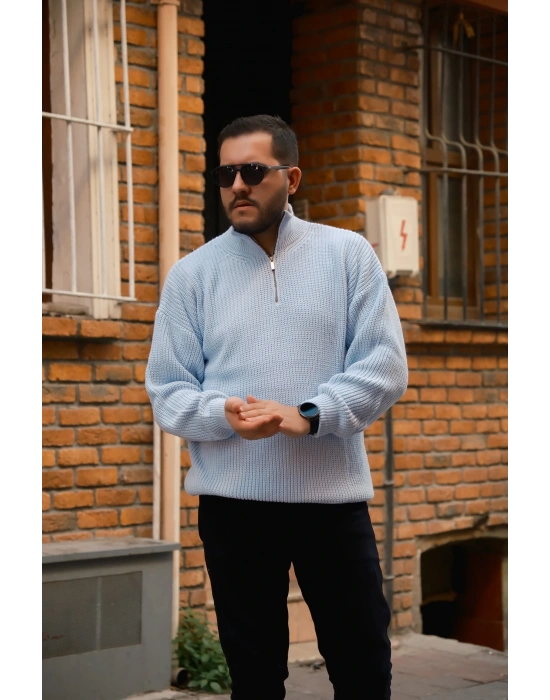 Yarım Fermuarlı Mavi Kazak