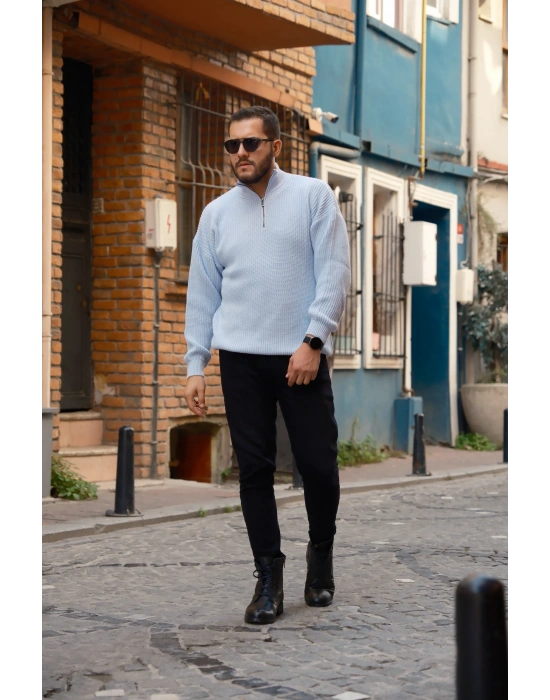 Yarım Fermuarlı Mavi Kazak