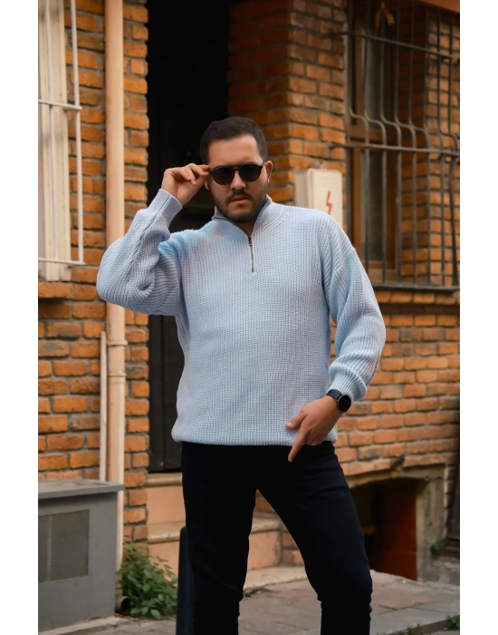 Yarım Fermuarlı Mavi Kazak