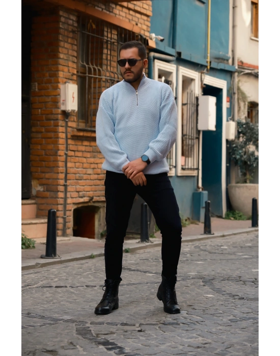 Yarım Fermuarlı Mavi Kazak