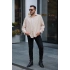 Bej Oversize Kadife Gömlek