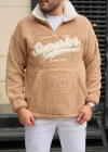 Bej Fermuarlı Peluş Sweatshirt