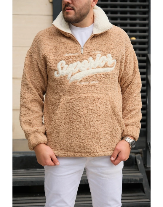 Bej Fermuarlı Peluş Sweatshirt