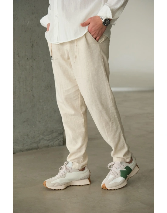 Bej Keten Bağlama Detaylı Pantolon