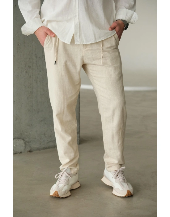 Bej Keten Bağlama Detaylı Pantolon