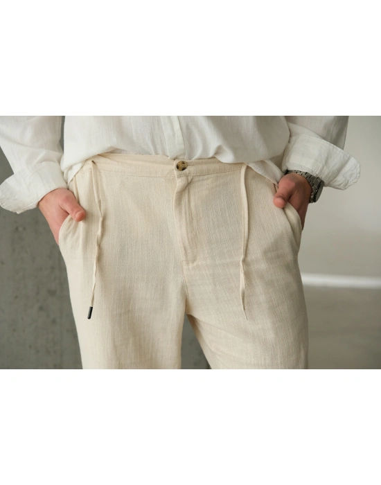 Bej Keten Bağlama Detaylı Pantolon