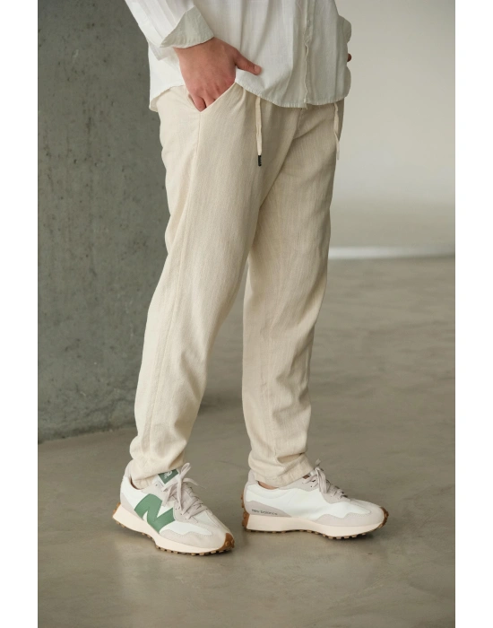 Bej Keten Bağlama Detaylı Pantolon