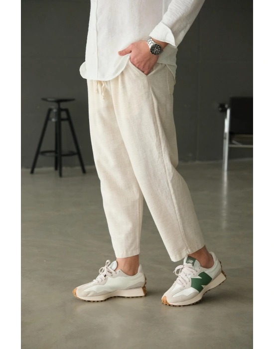 Bol Kalıp Bej Keten Keten Pantolon