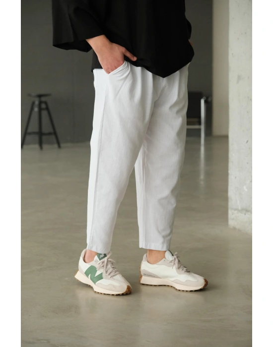 Bol Kalıp Beyaz Keten Pantolon
