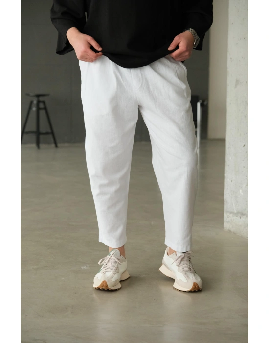 Bol Kalıp Beyaz Keten Pantolon