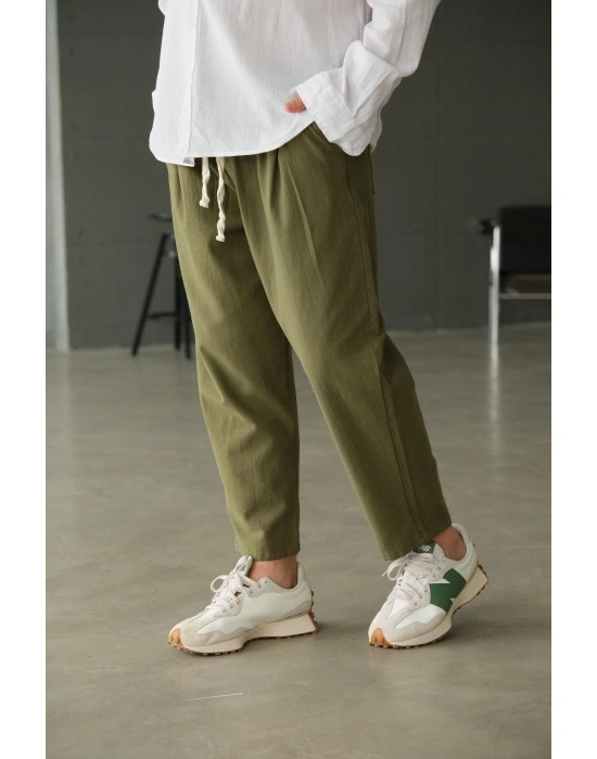 Bol Kalıp Haki Keten Pantolon