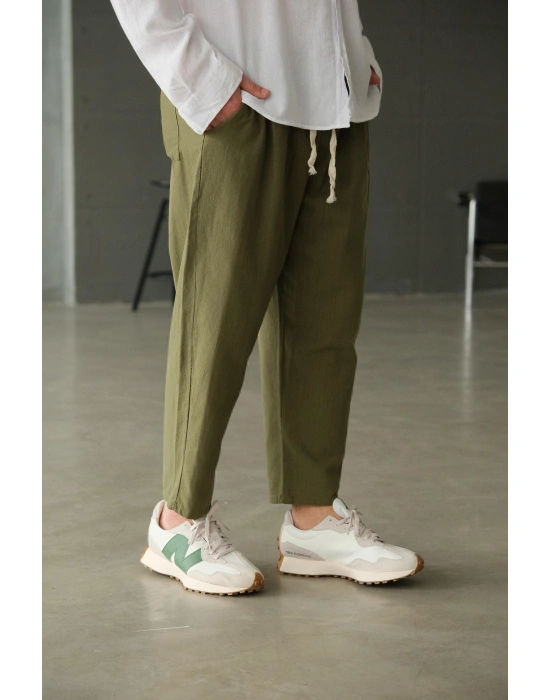Bol Kalıp Haki Keten Pantolon