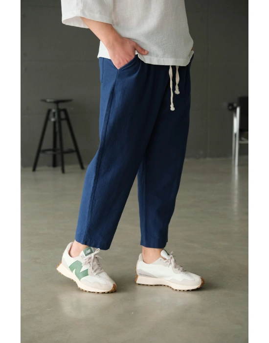 Bol Kalıp Lacivert Keten Pantolon