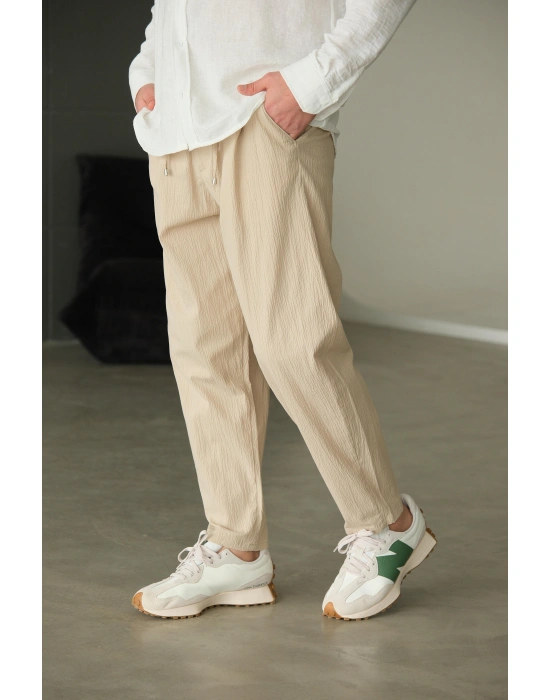 Bej Gofre Bağlama Detaylı Pantolon