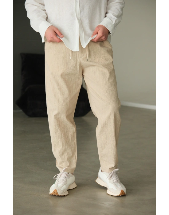 Bej Gofre Bağlama Detaylı Pantolon