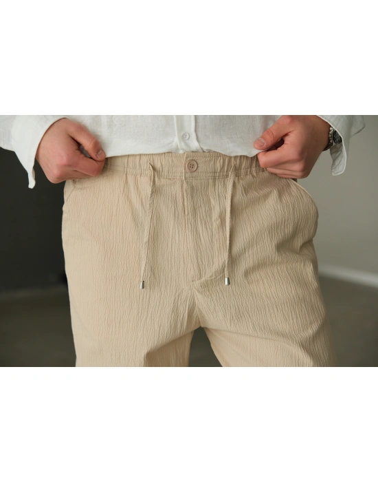Bej Gofre Bağlama Detaylı Pantolon