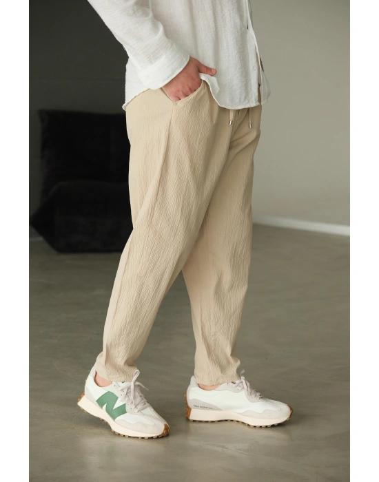 Bej Gofre Bağlama Detaylı Pantolon