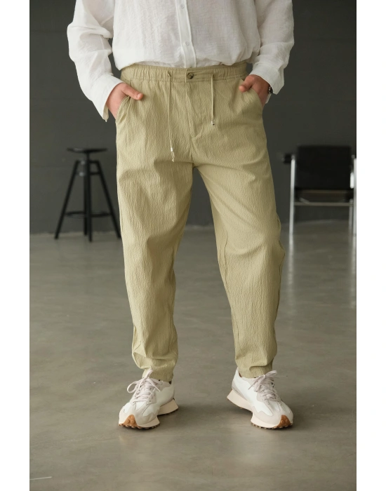 Haki Gofre Bağlama Detaylı Pantolon