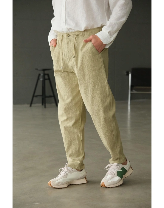 Haki Gofre Bağlama Detaylı Pantolon