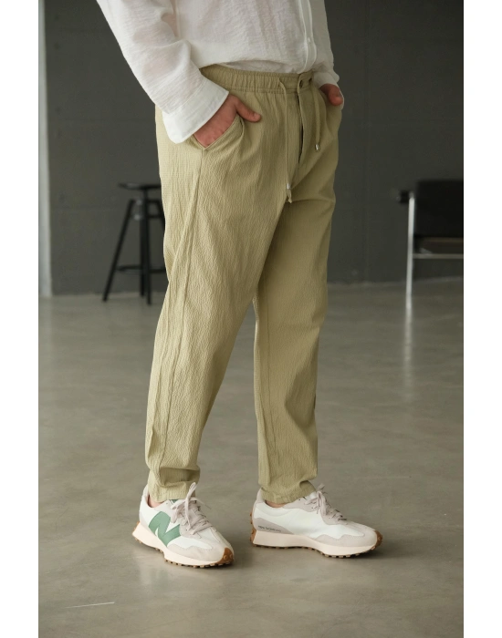 Haki Gofre Bağlama Detaylı Pantolon