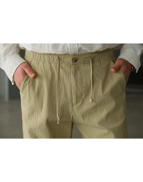 Haki Gofre Bağlama Detaylı Pantolon