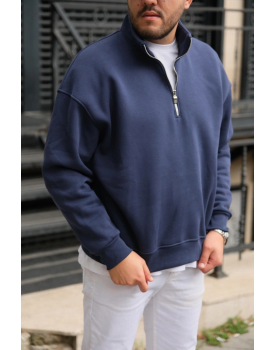 Lacvert Fermuarlı Sweatshirt