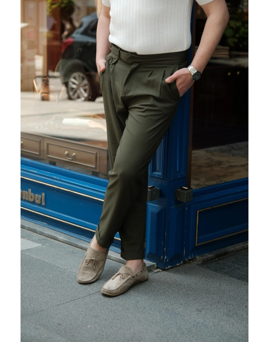 Pileli Haki Kumaş Pantolon
