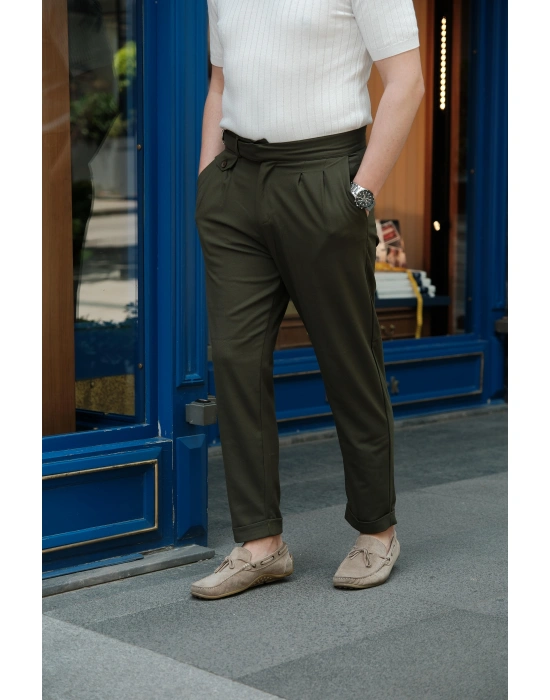 Pileli Haki Kumaş Pantolon