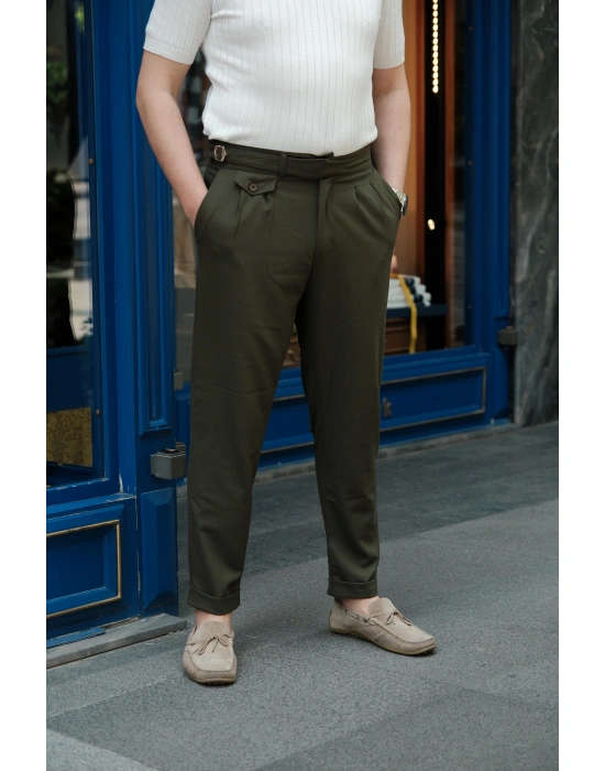 Pileli Haki Kumaş Pantolon