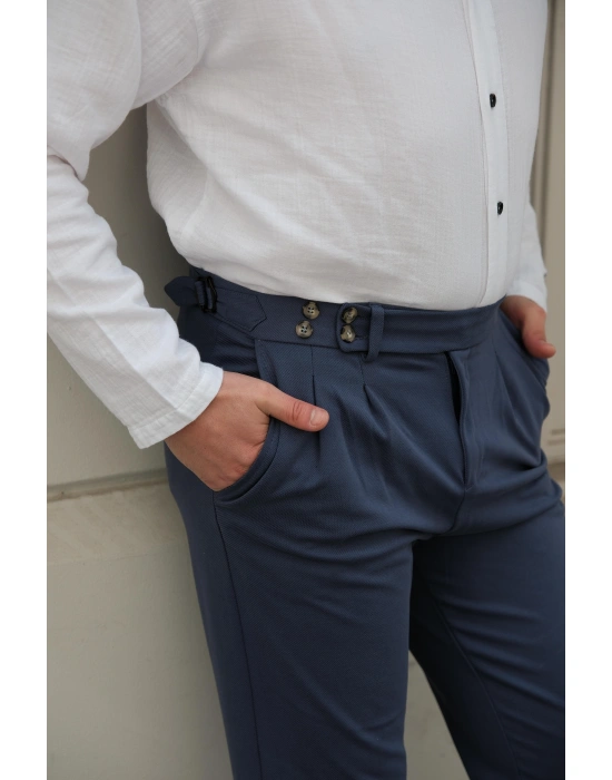 Pileli Lacivert Kumaş Pantolon