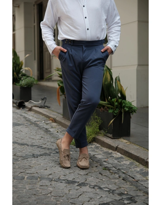 Pileli Lacivert Kumaş Pantolon