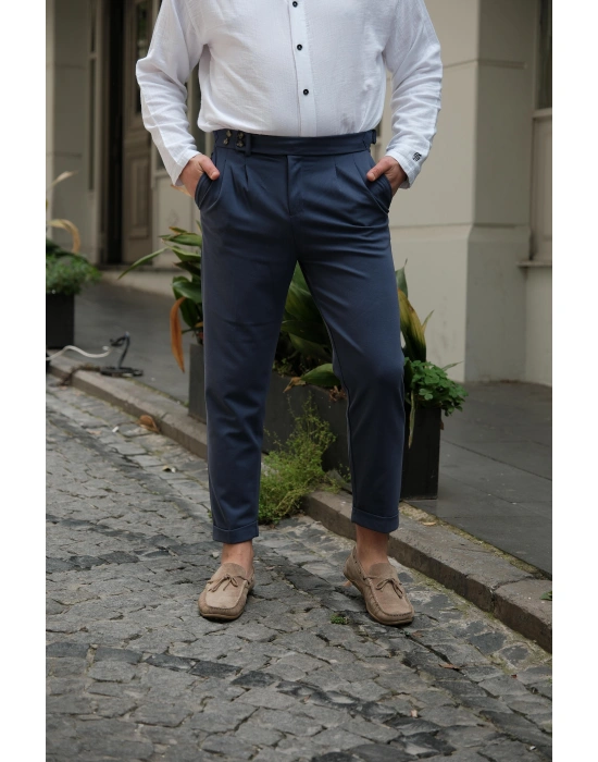 Pileli Lacivert Kumaş Pantolon