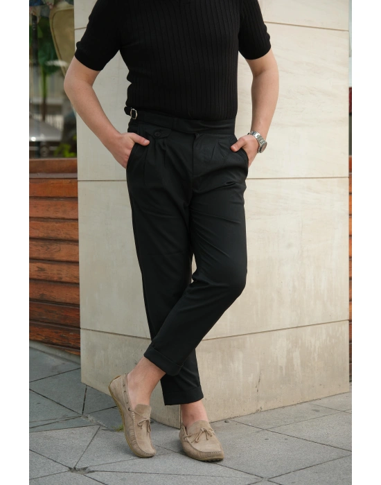 Pileli Siyah Kumaş Pantolon