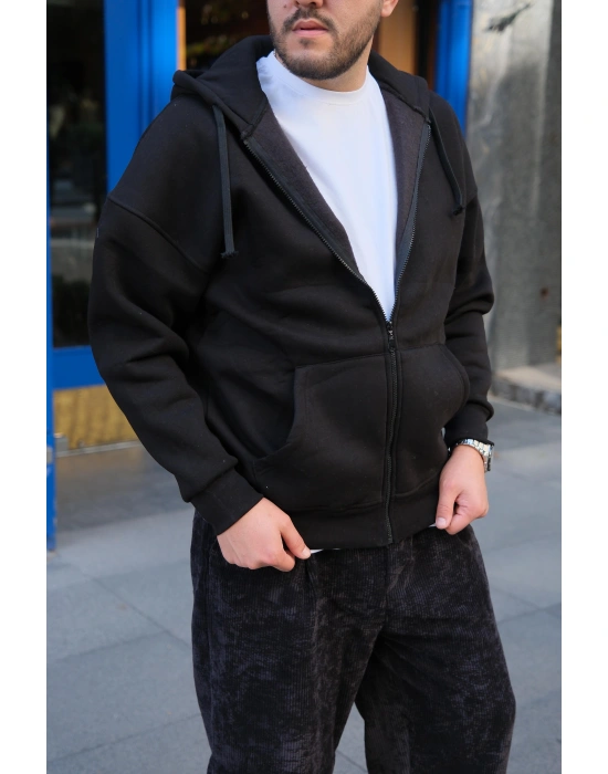 Siyah Fermuarlı Kapüşonlu Sweatshirt