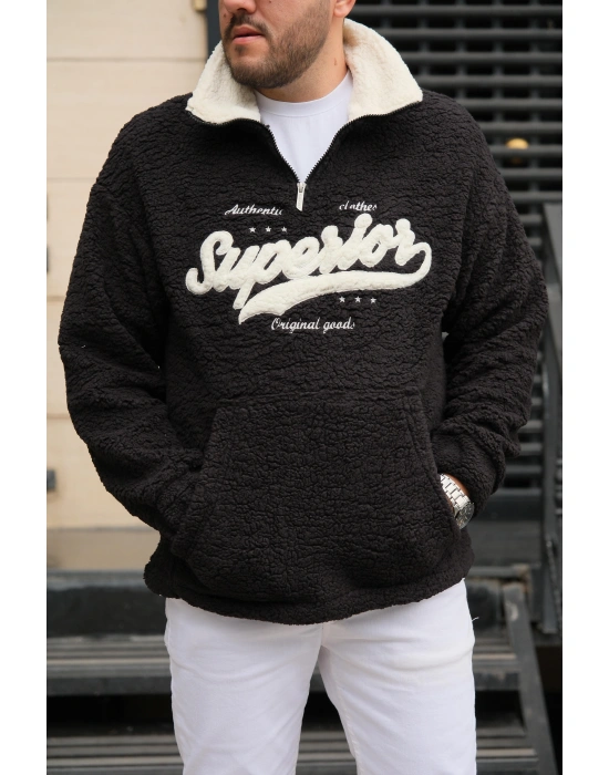 Siyah Fermuarlı Peluş Sweatshirt