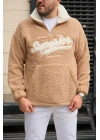 Bej Fermuarlı Peluş Sweatshirt