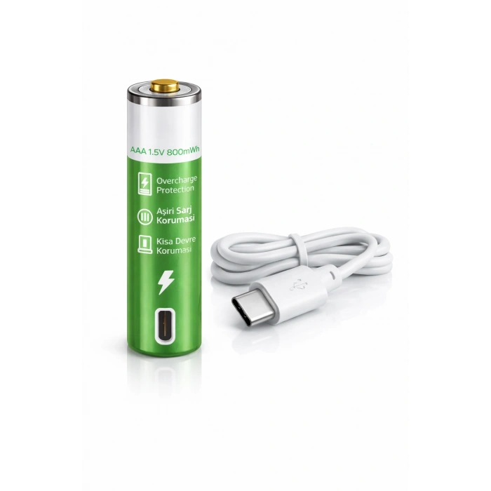 AAA Şarjlı Pil (USB-C) 800mWh 1.5V ince Kalem pil Kumanda pili 7 numara