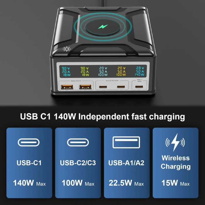 GaN 260W PD3.1 QC3.0 Wireless Çoklu Hızlı Şarj İstasyonu